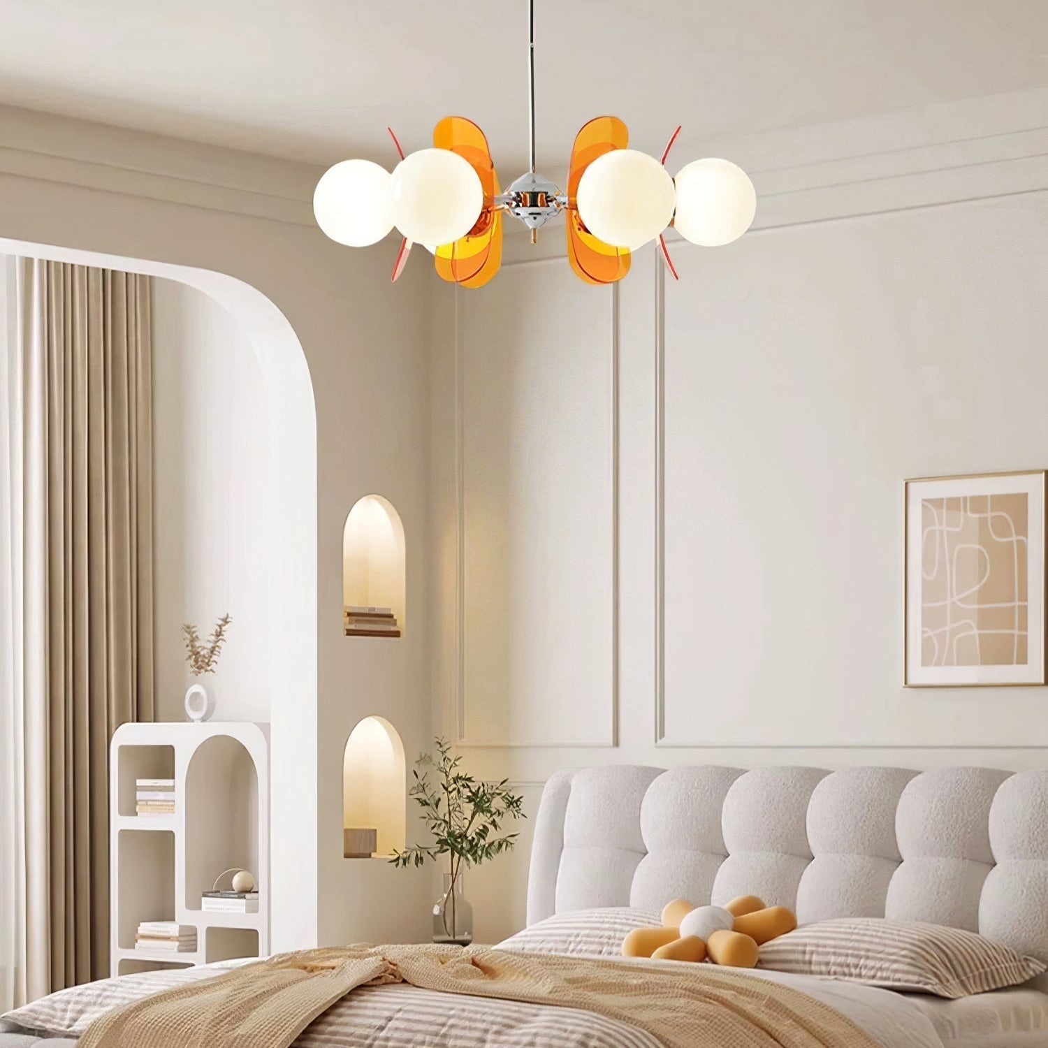 Chandelier Retro with Floral Acrylic Panels and Globe Shades