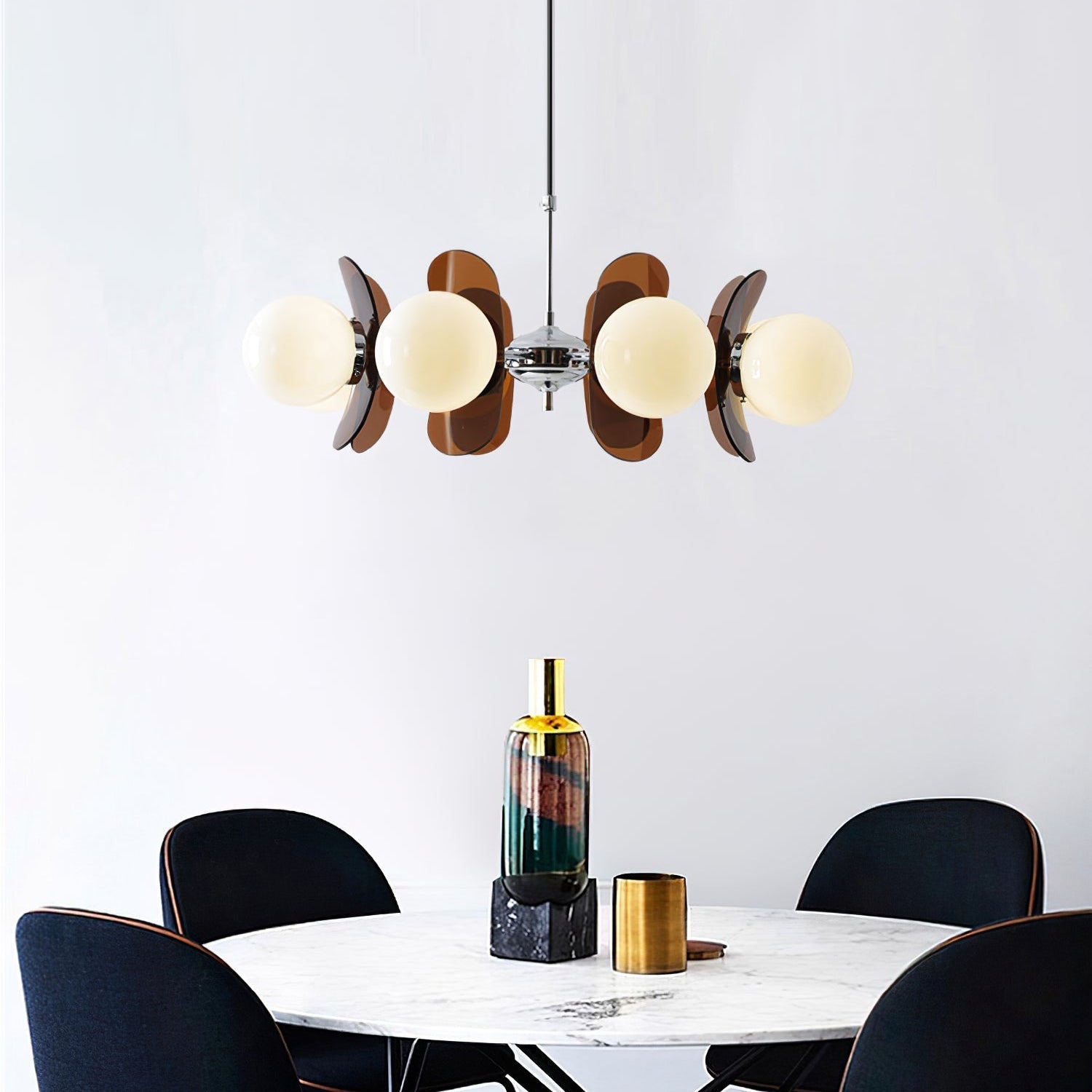 Chandelier Retro with Floral Acrylic Panels and Globe Shades