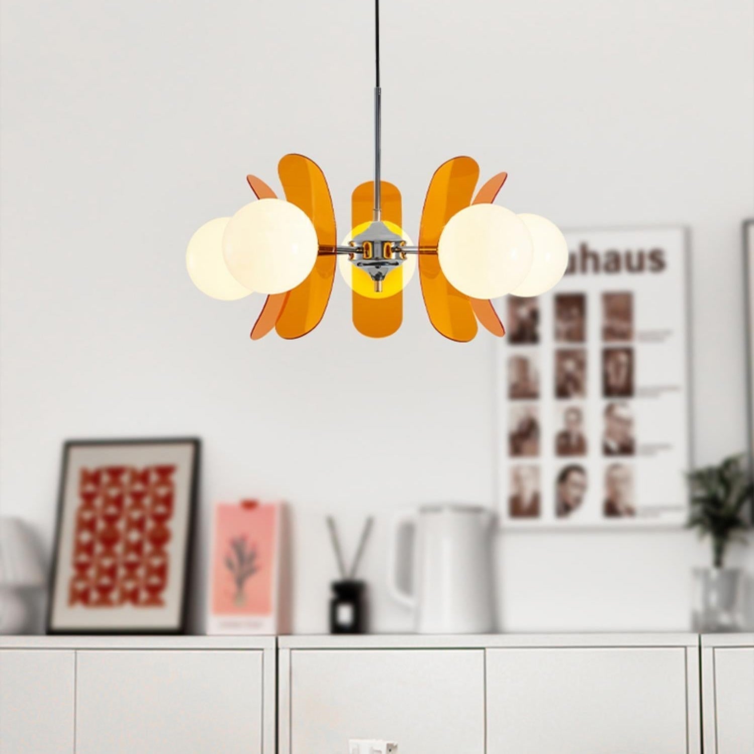 Chandelier Retro with Floral Acrylic Panels and Globe Shades