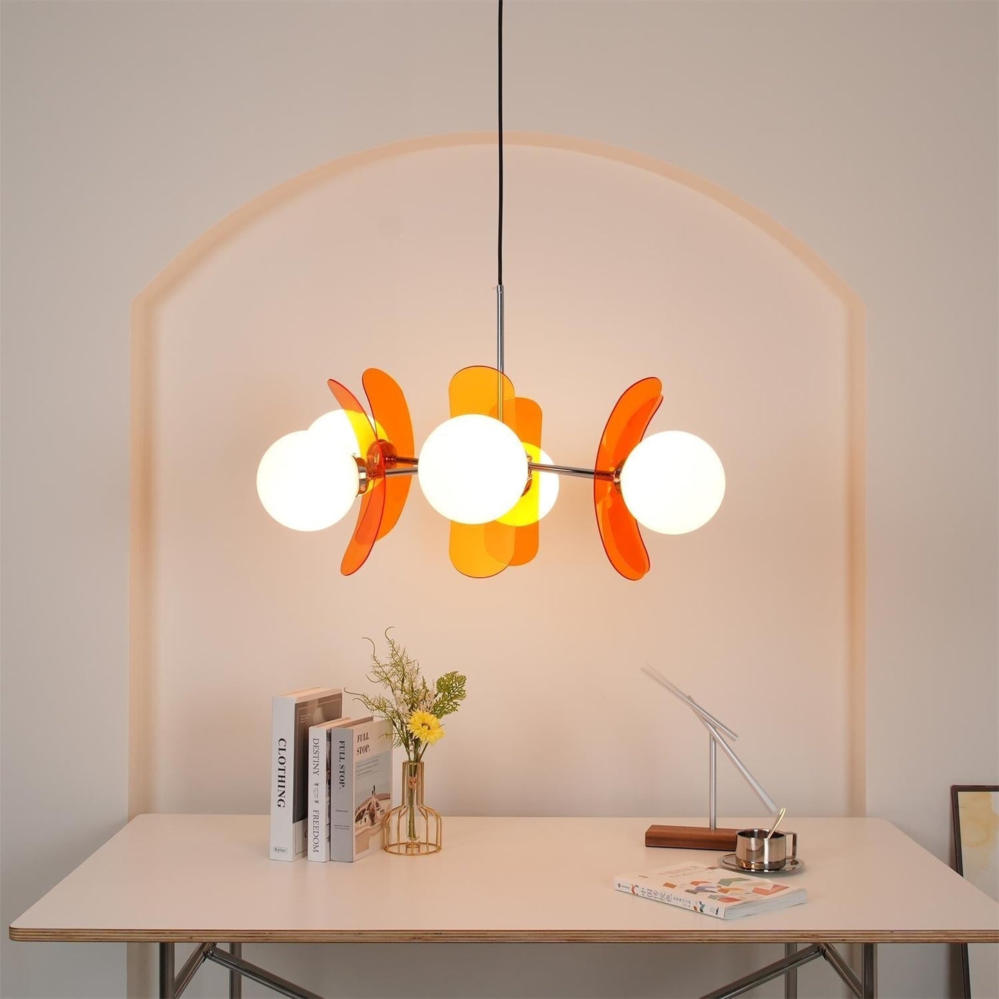 Chandelier Retro with Floral Acrylic Panels and Globe Shades