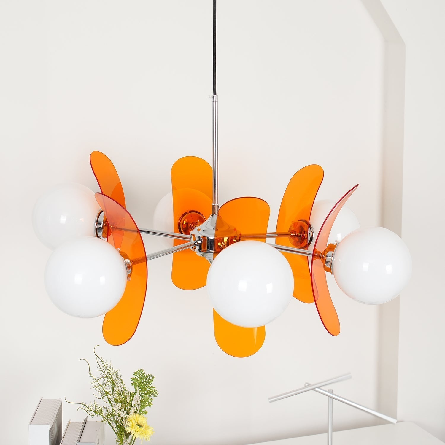 Chandelier Retro with Floral Acrylic Panels and Globe Shades
