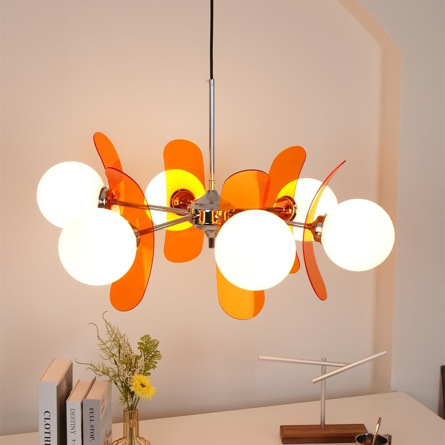 Chandelier Retro with Floral Acrylic Panels and Globe Shades