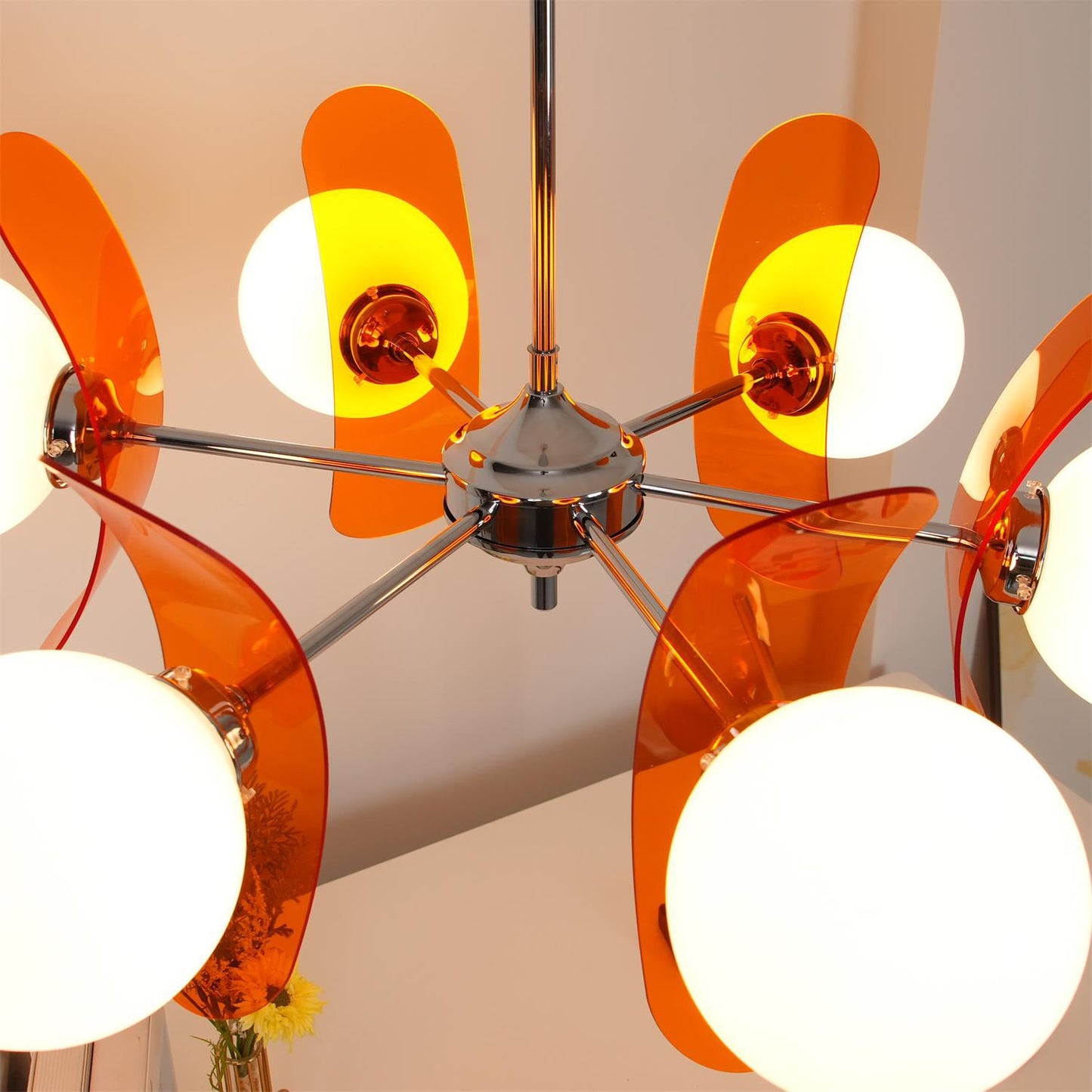Chandelier Retro with Floral Acrylic Panels and Globe Shades