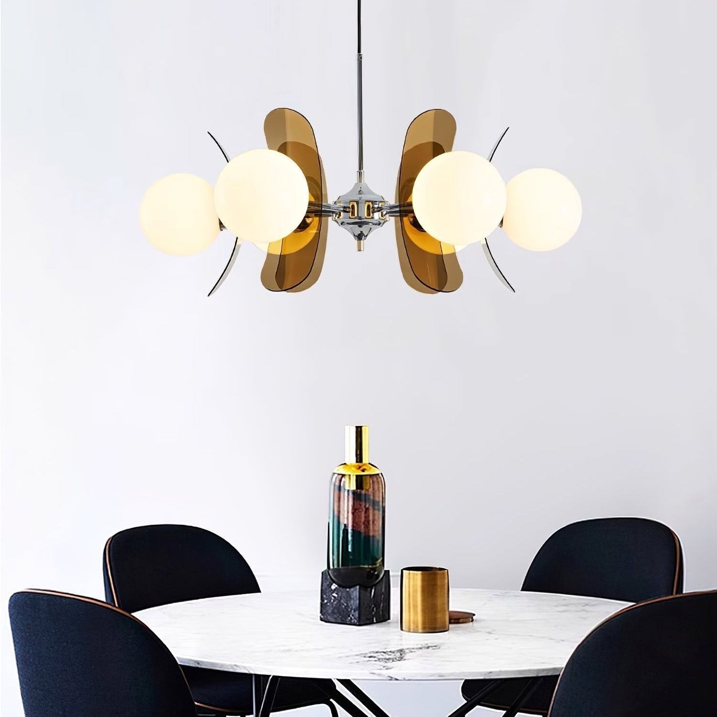 Chandelier Retro with Floral Acrylic Panels and Globe Shades