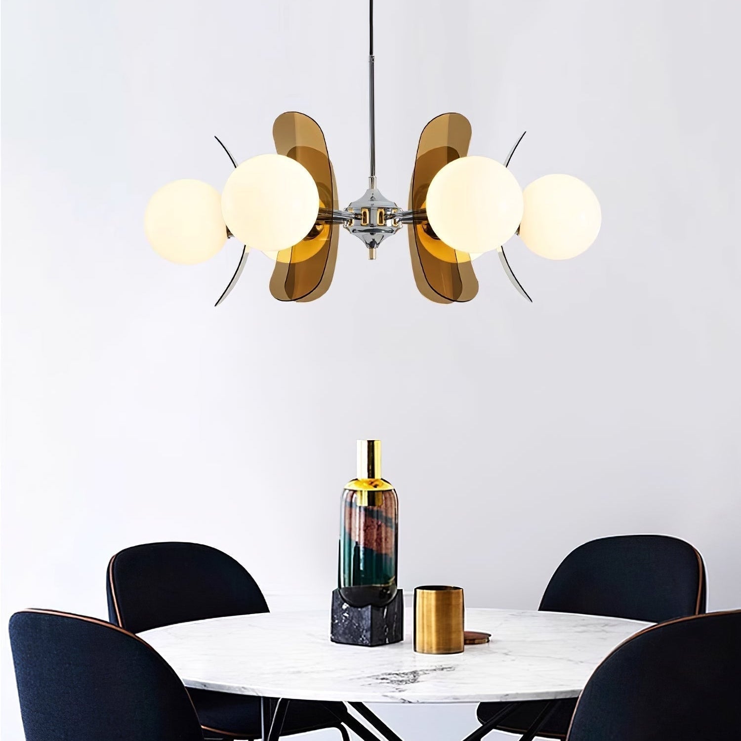 Chandelier Retro with Floral Acrylic Panels and Globe Shades