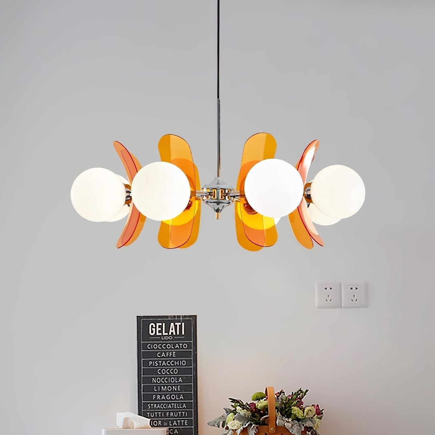 Chandelier Retro with Floral Acrylic Panels and Globe Shades