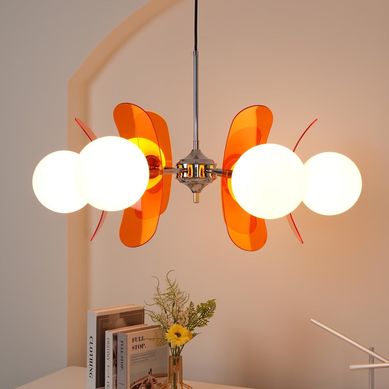 Chandelier Retro with Floral Acrylic Panels and Globe Shades