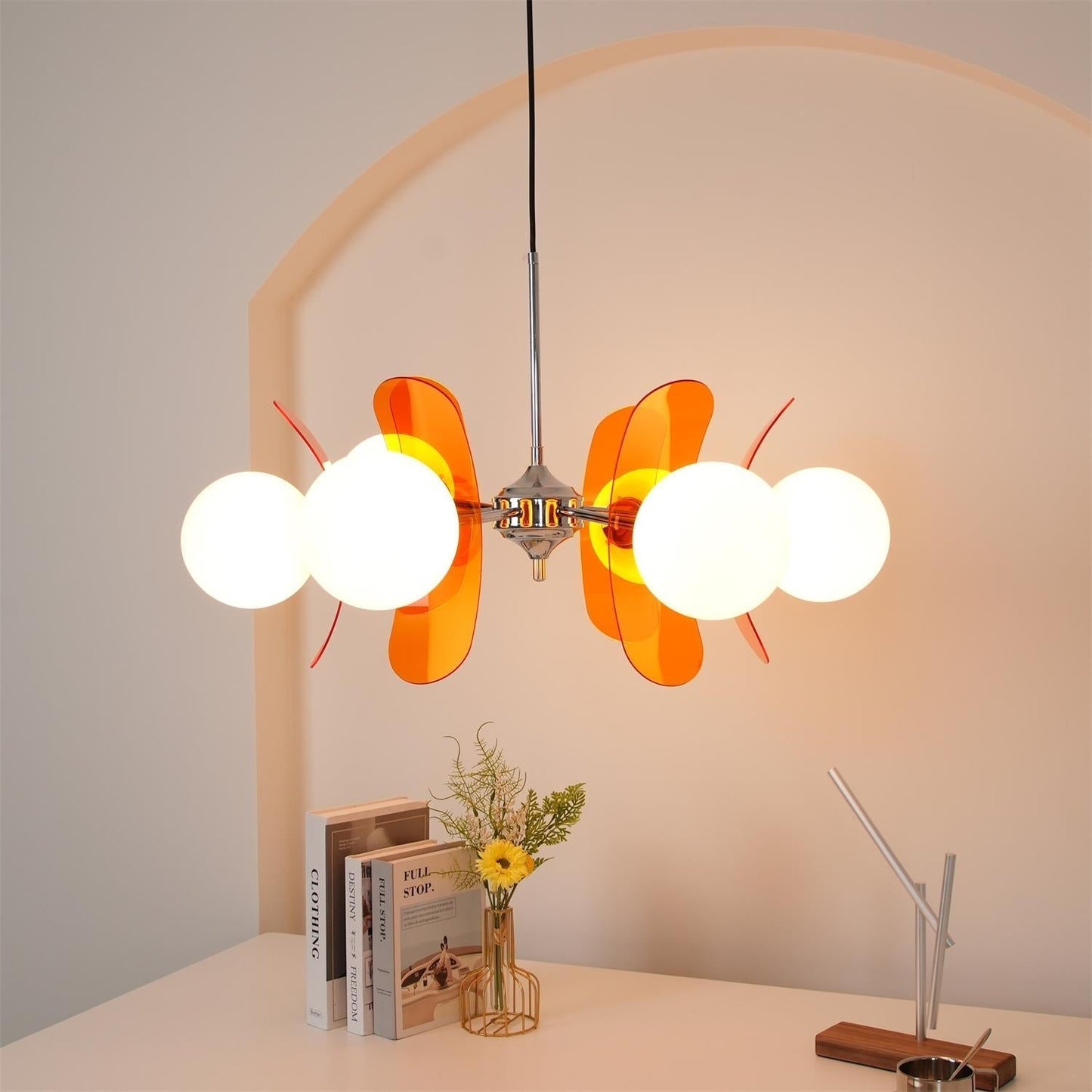 Chandelier Retro with Floral Acrylic Panels and Globe Shades