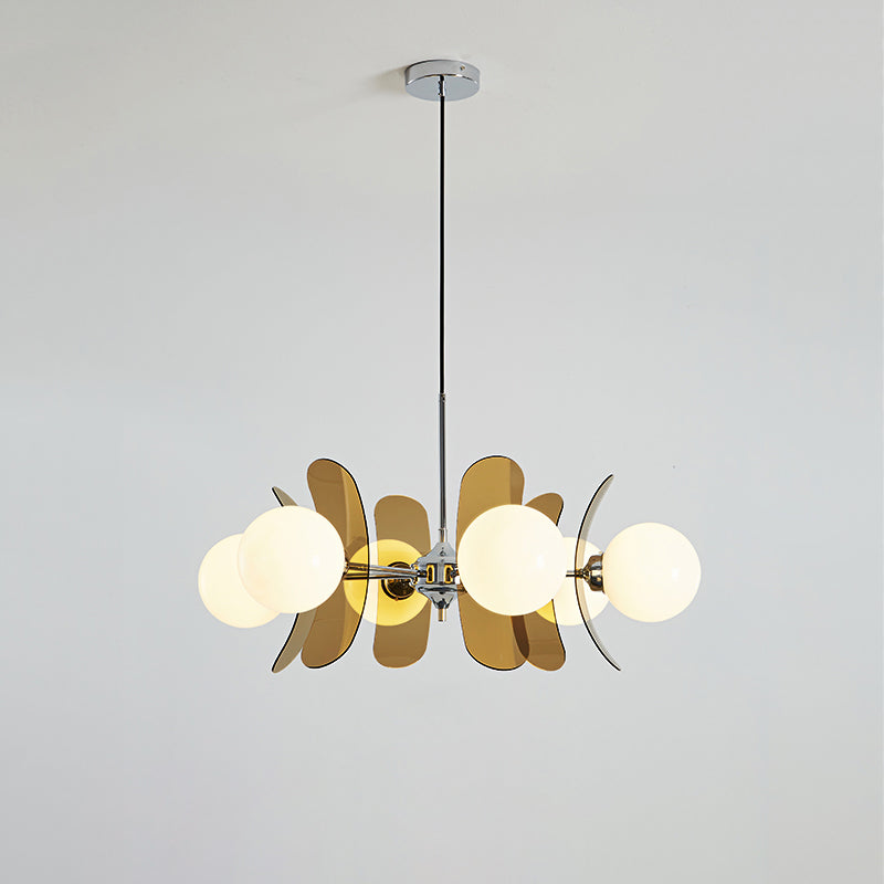 Chandelier Retro with Floral Acrylic Panels and Globe Shades