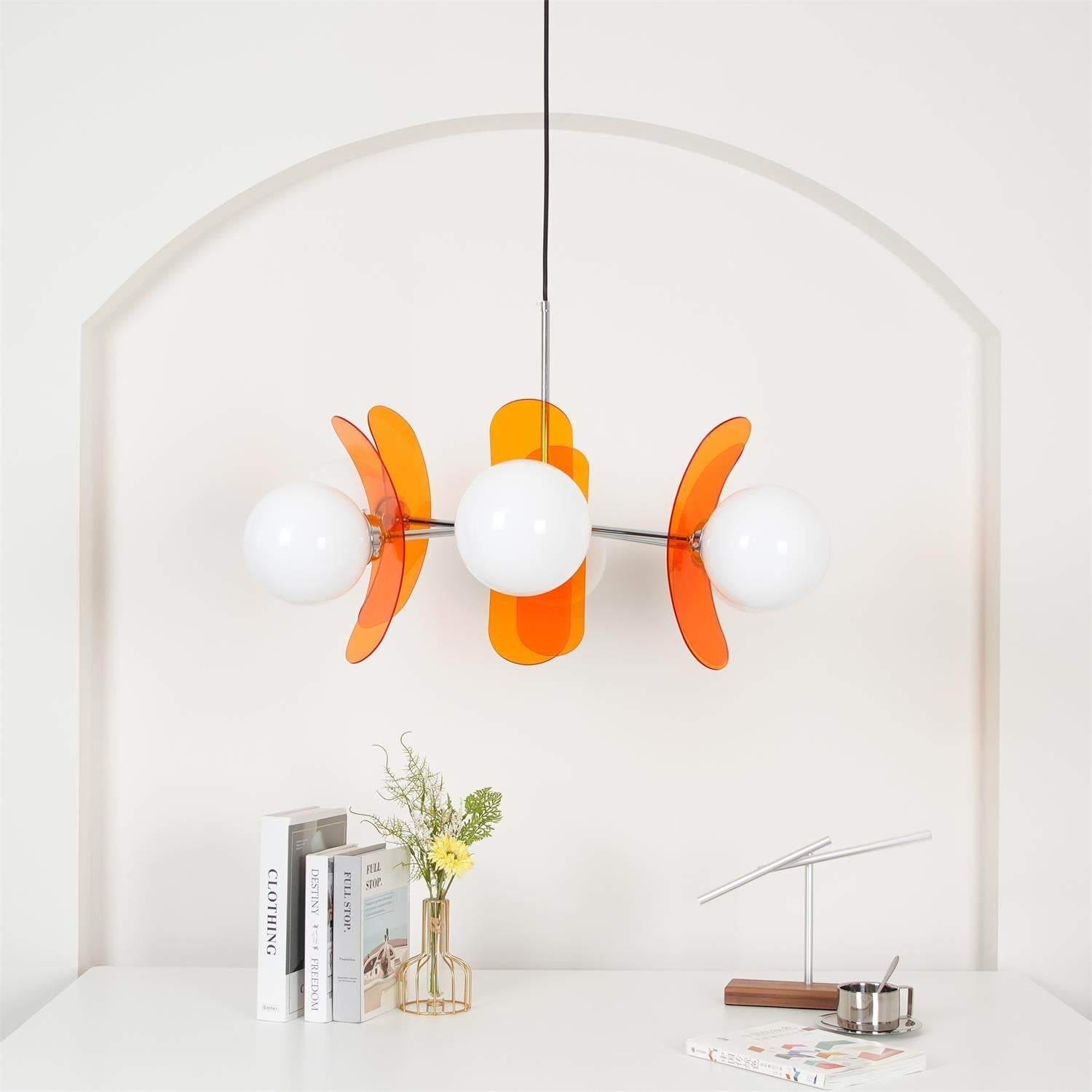 Chandelier Retro with Floral Acrylic Panels and Globe Shades