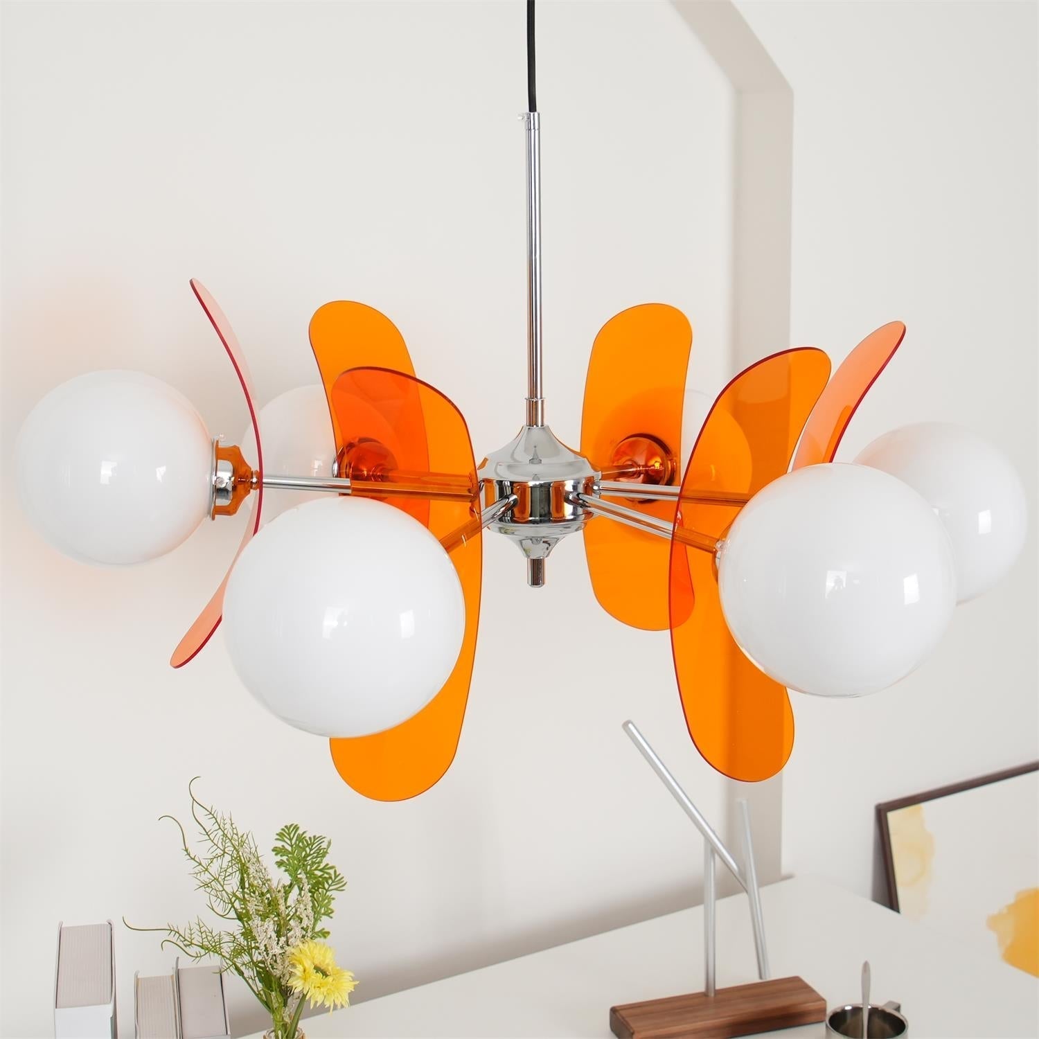 Chandelier Retro with Floral Acrylic Panels and Globe Shades