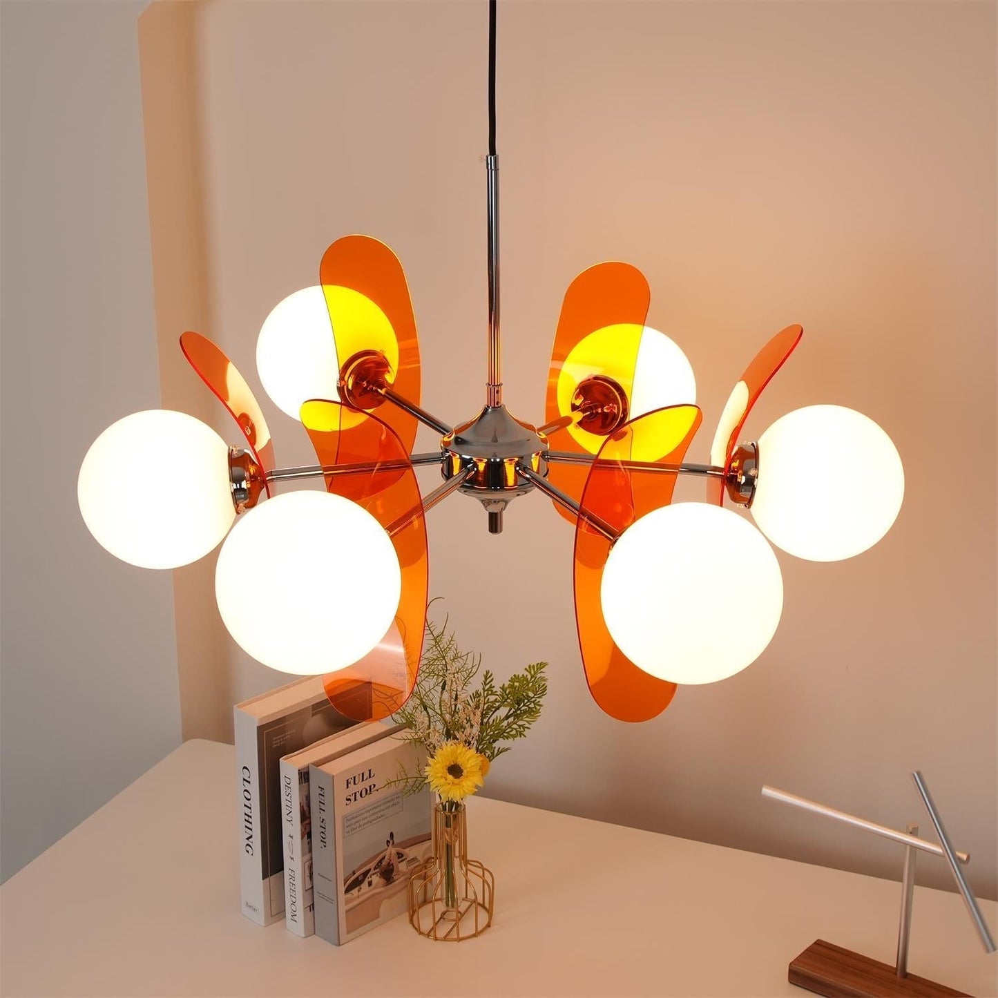 Chandelier Retro with Floral Acrylic Panels and Globe Shades