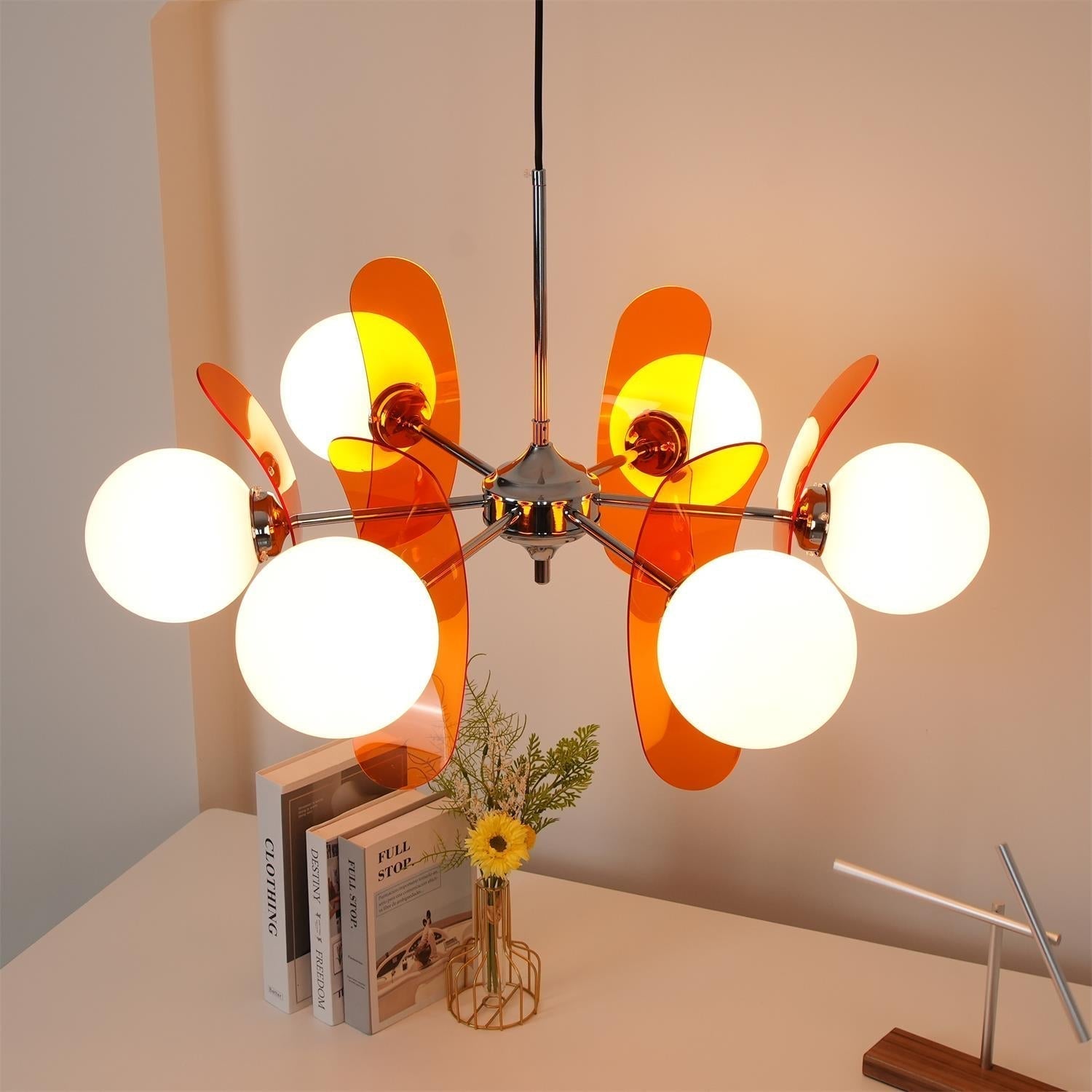 Chandelier Retro with Floral Acrylic Panels and Globe Shades