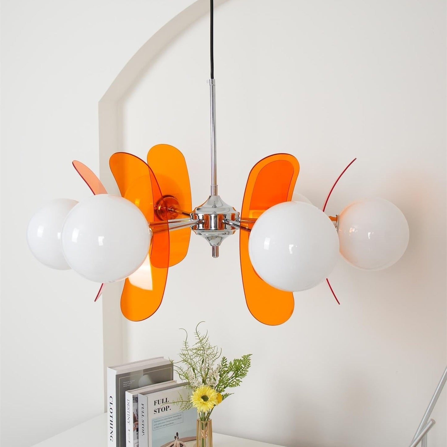 Chandelier Retro with Floral Acrylic Panels and Globe Shades