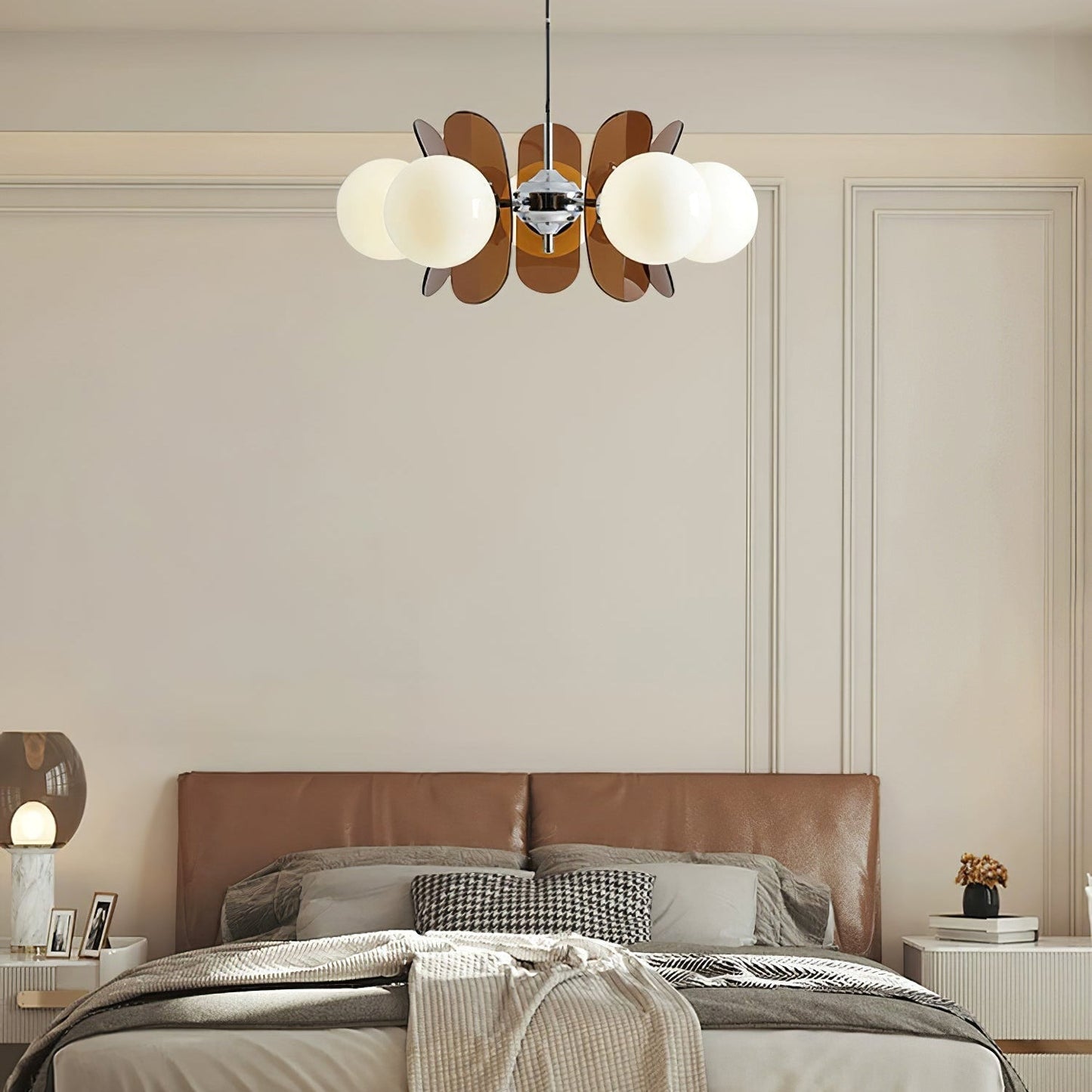 Chandelier Retro with Floral Acrylic Panels and Globe Shades