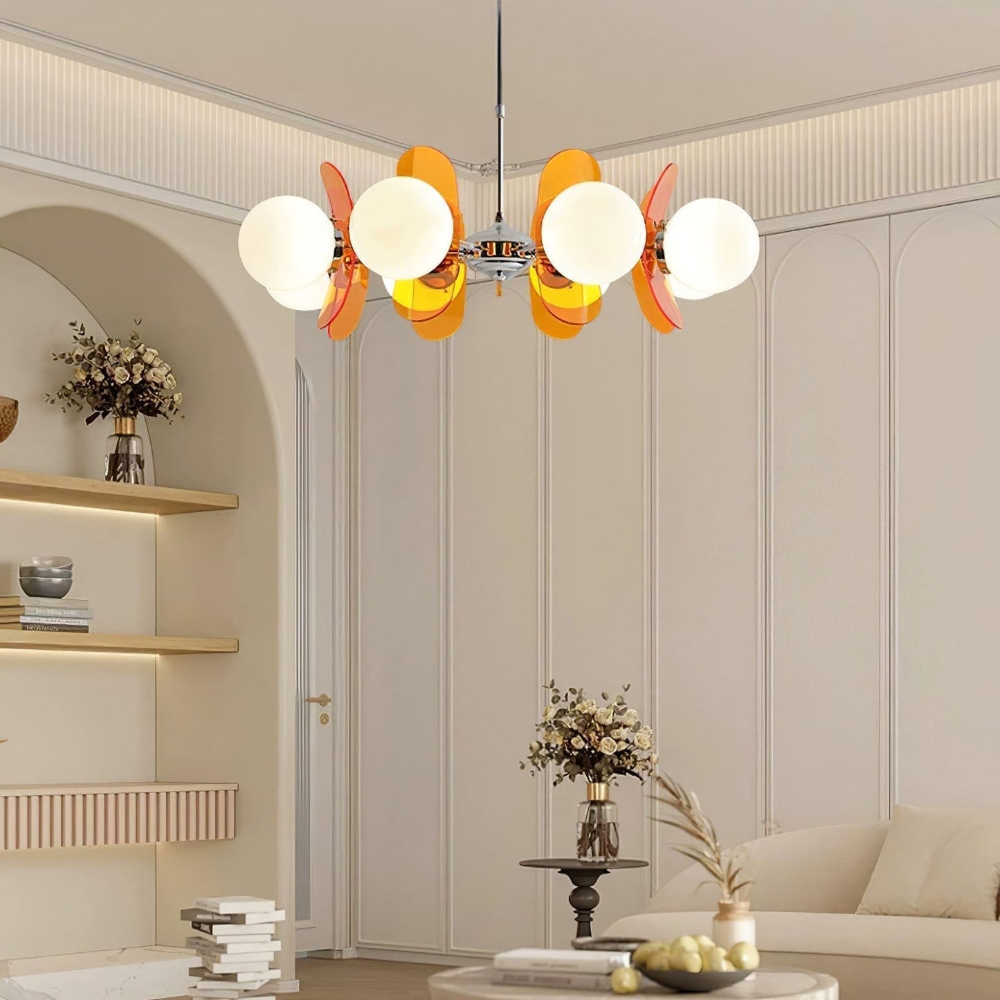 Chandelier Retro with Floral Acrylic Panels and Globe Shades