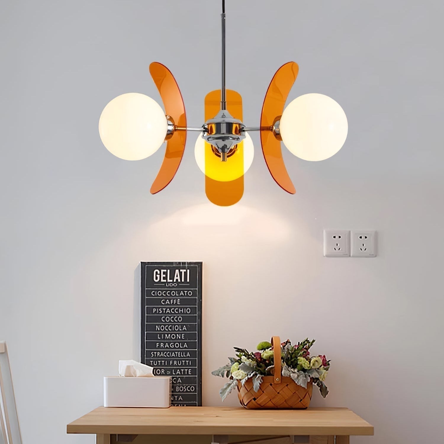 Chandelier Retro with Floral Acrylic Panels and Globe Shades