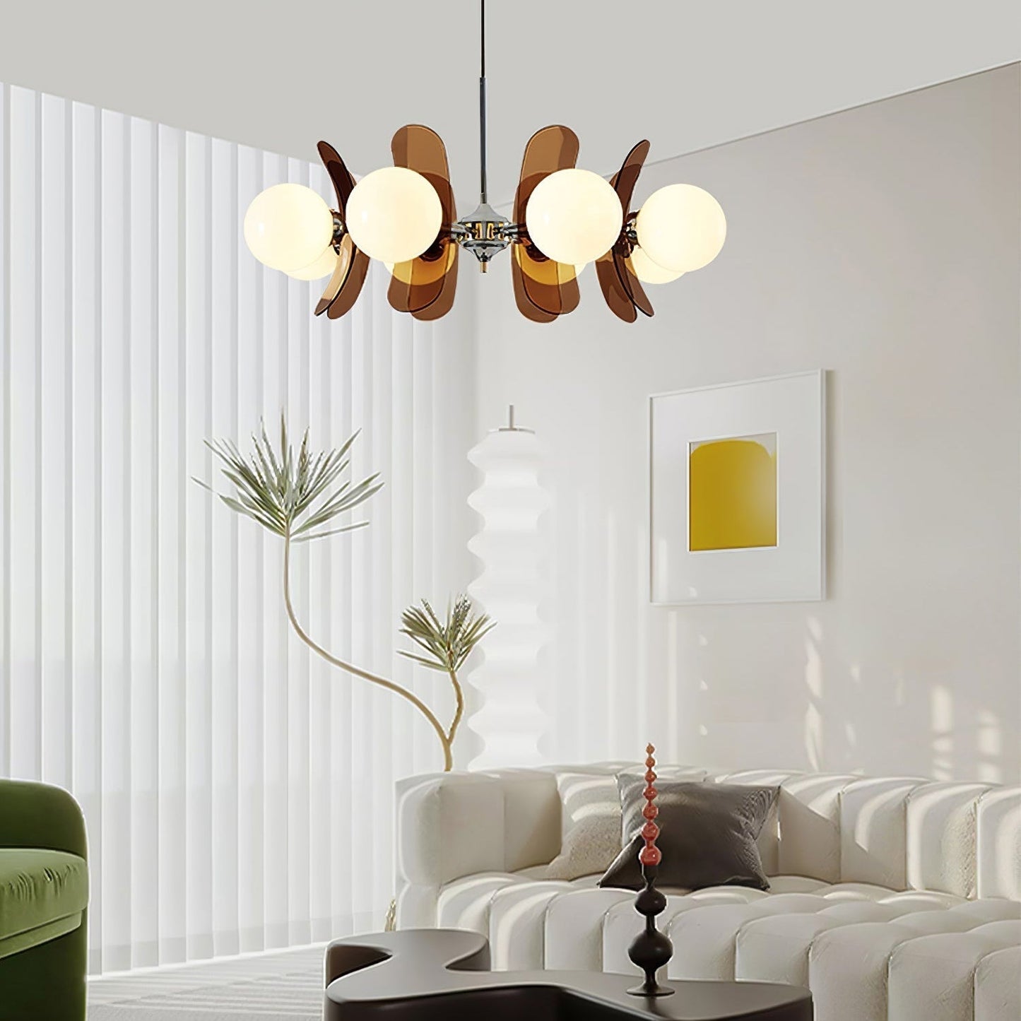 Chandelier Retro with Floral Acrylic Panels and Globe Shades
