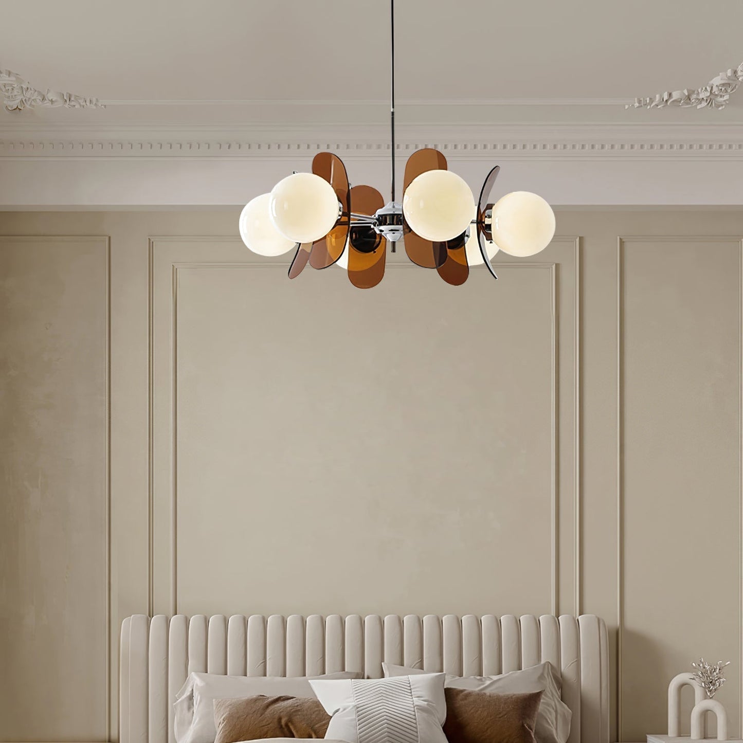Chandelier Retro with Floral Acrylic Panels and Globe Shades