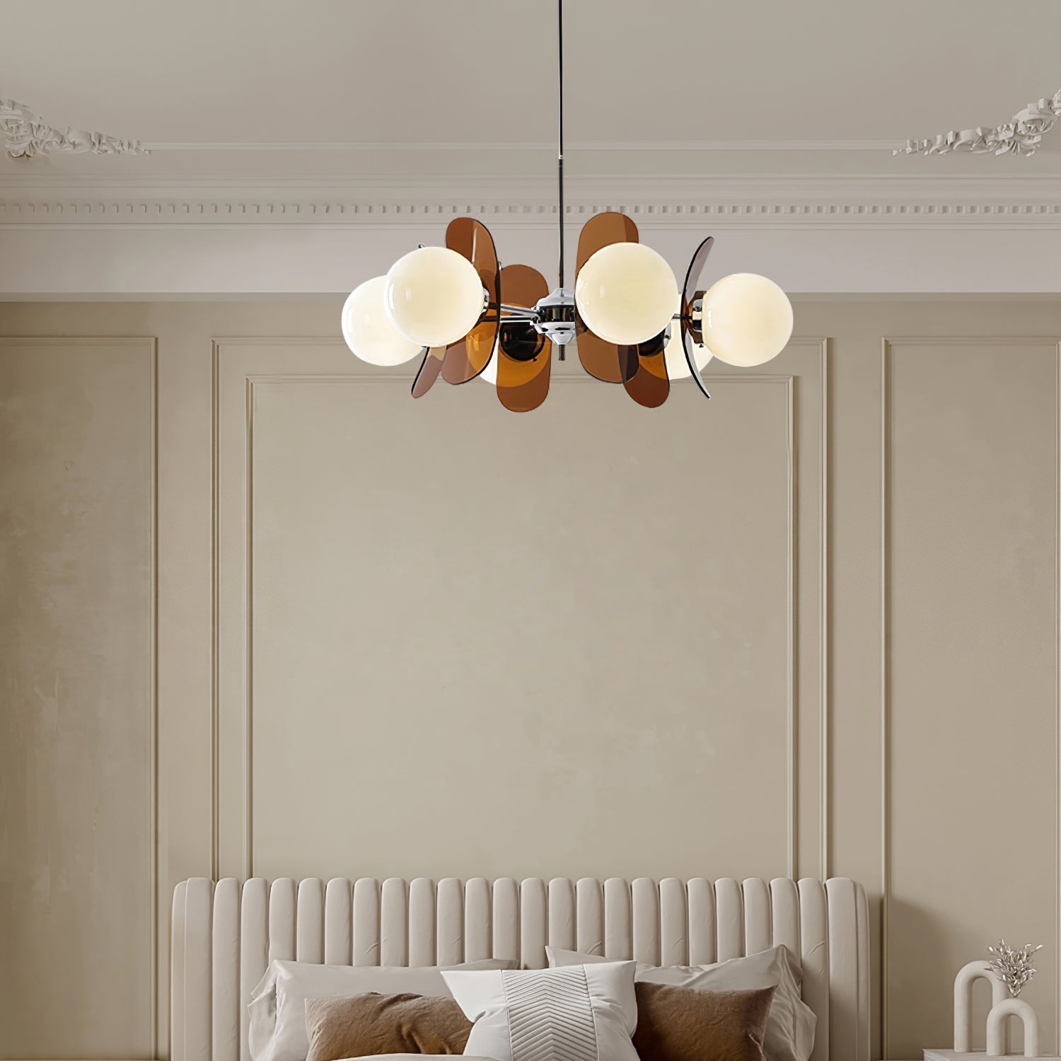 Chandelier Retro with Floral Acrylic Panels and Globe Shades