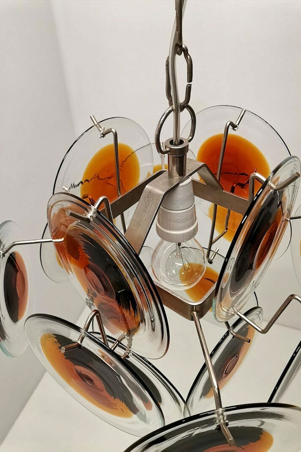 Chandelier Retro with Glass Discs and Chrome Chain Suspension