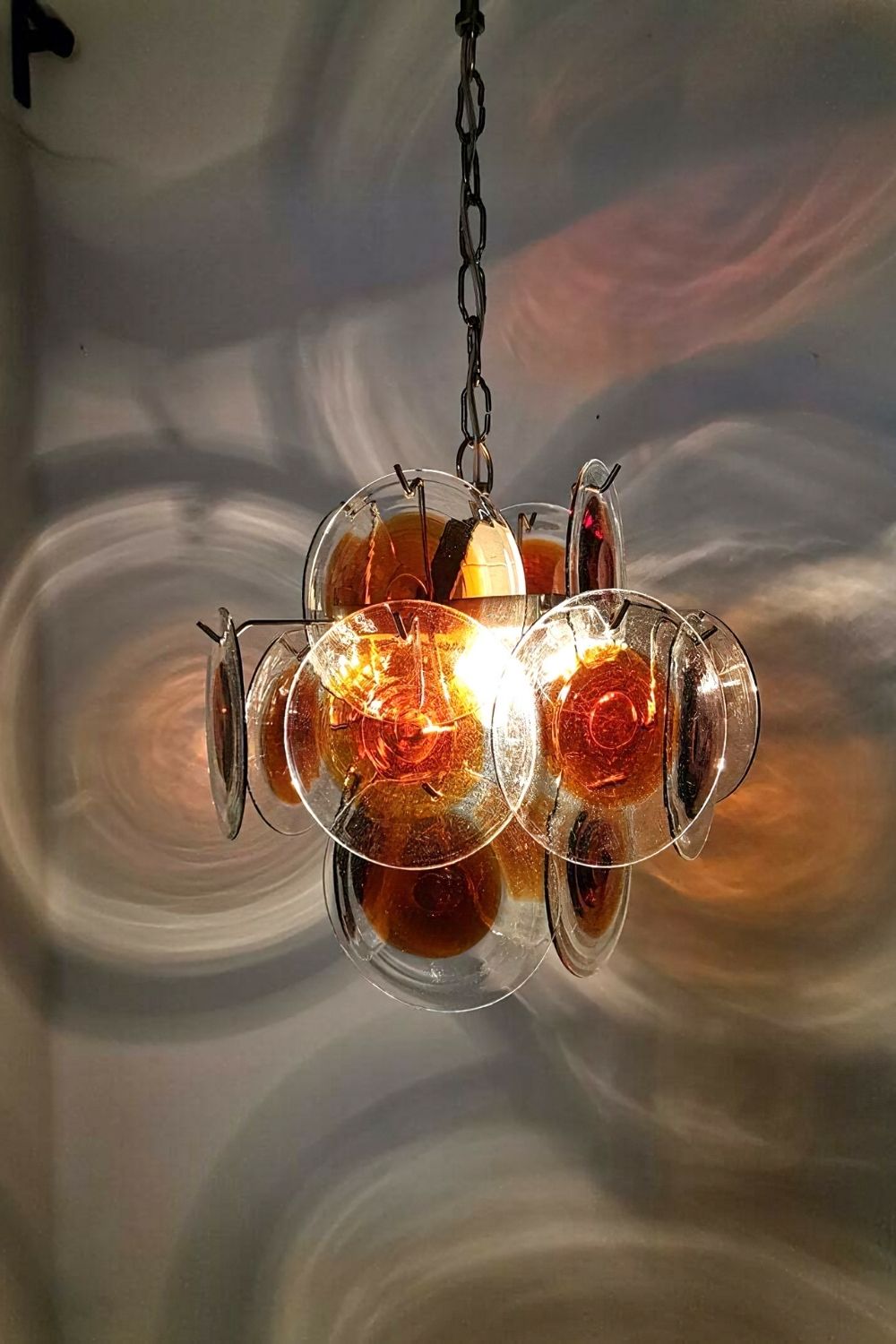 Chandelier Retro with Glass Discs and Chrome Chain Suspension