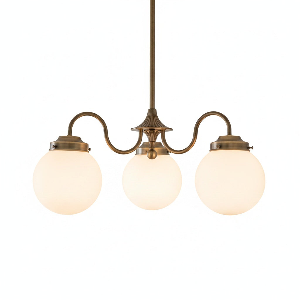 Chandelier Vintage with Three Frosted Glass Globes and Curved Arms