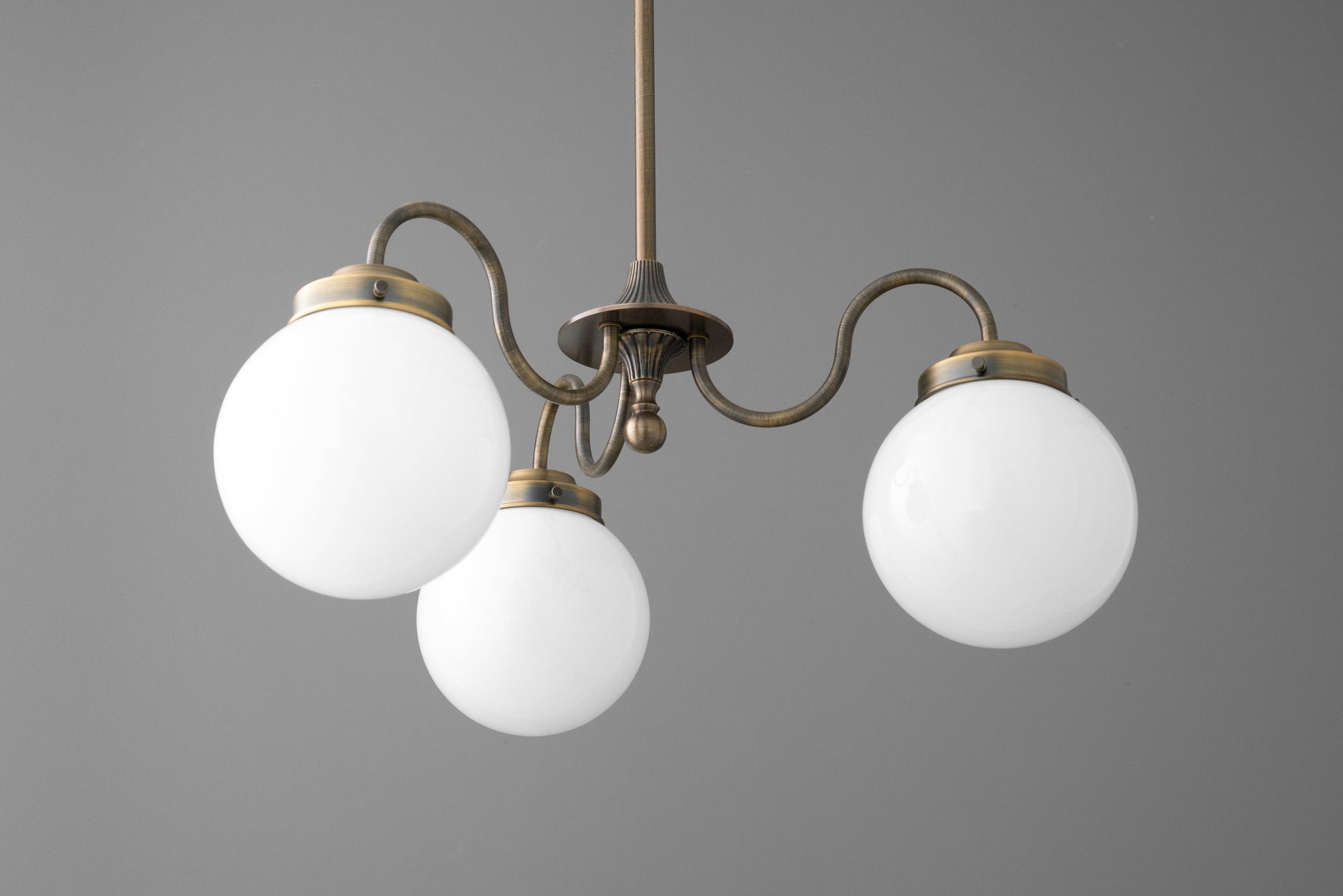 Chandelier Vintage with Three Frosted Glass Globes and Curved Arms