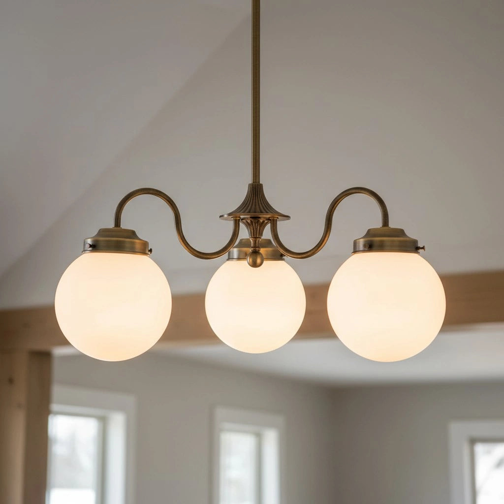 Chandelier Vintage with Three Frosted Glass Globes and Curved Arms