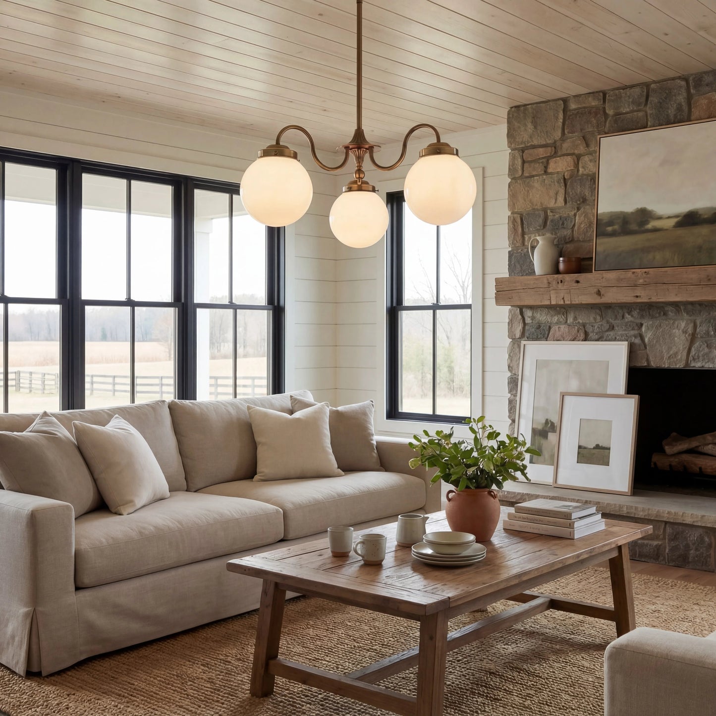 Chandelier Vintage with Three Frosted Glass Globes and Curved Arms
