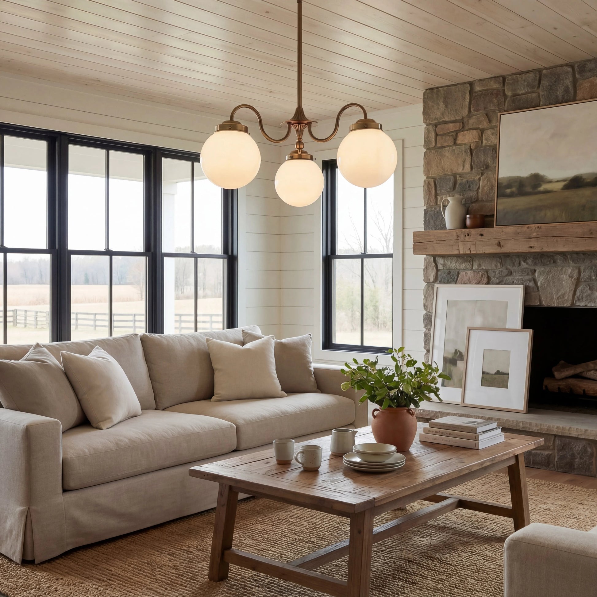 Chandelier Vintage with Three Frosted Glass Globes and Curved Arms