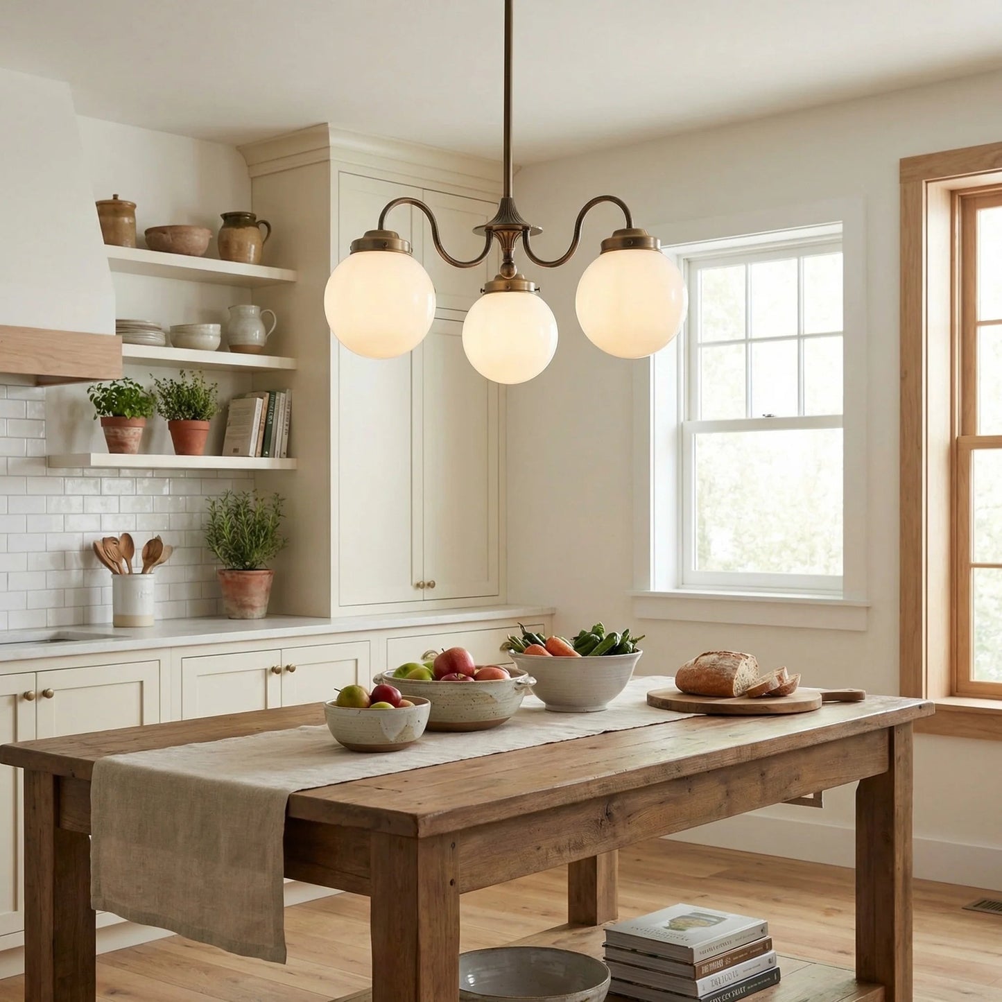 Chandelier Vintage with Three Frosted Glass Globes and Curved Arms