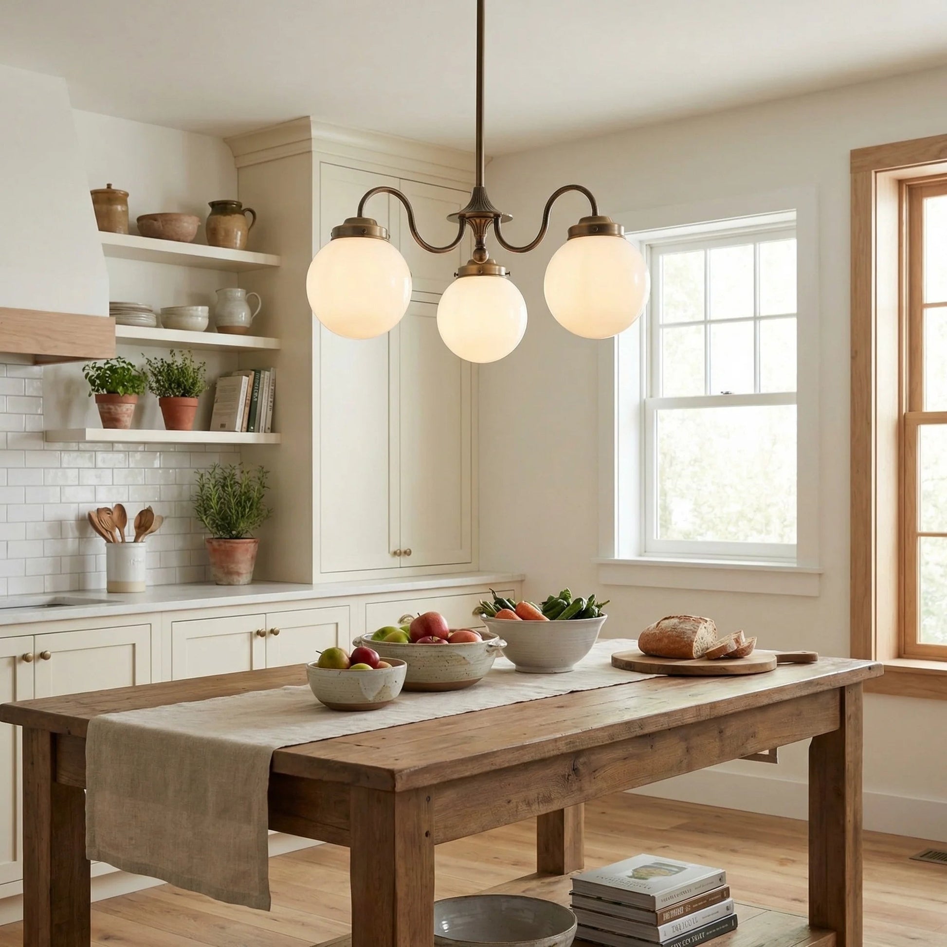 Chandelier Vintage with Three Frosted Glass Globes and Curved Arms