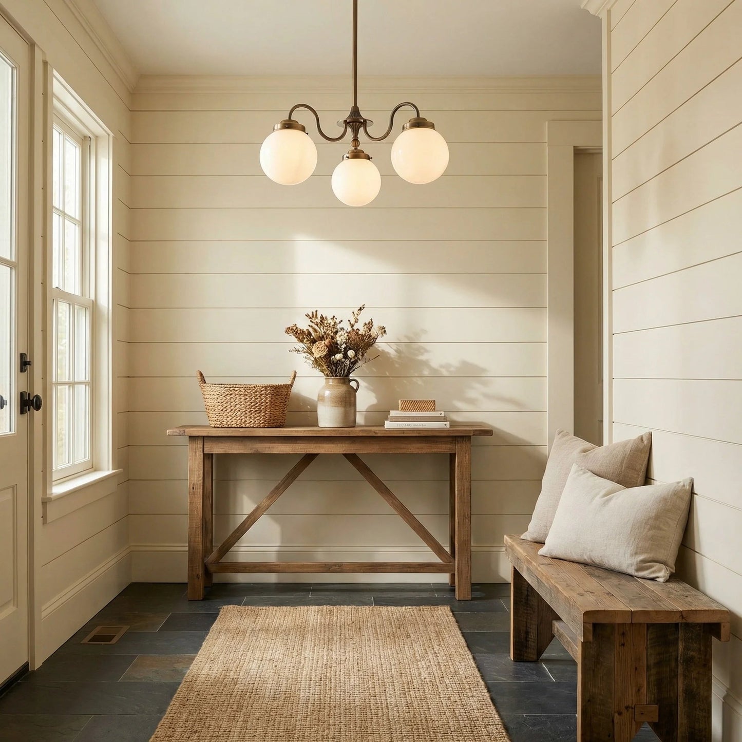 Chandelier Vintage with Three Frosted Glass Globes and Curved Arms