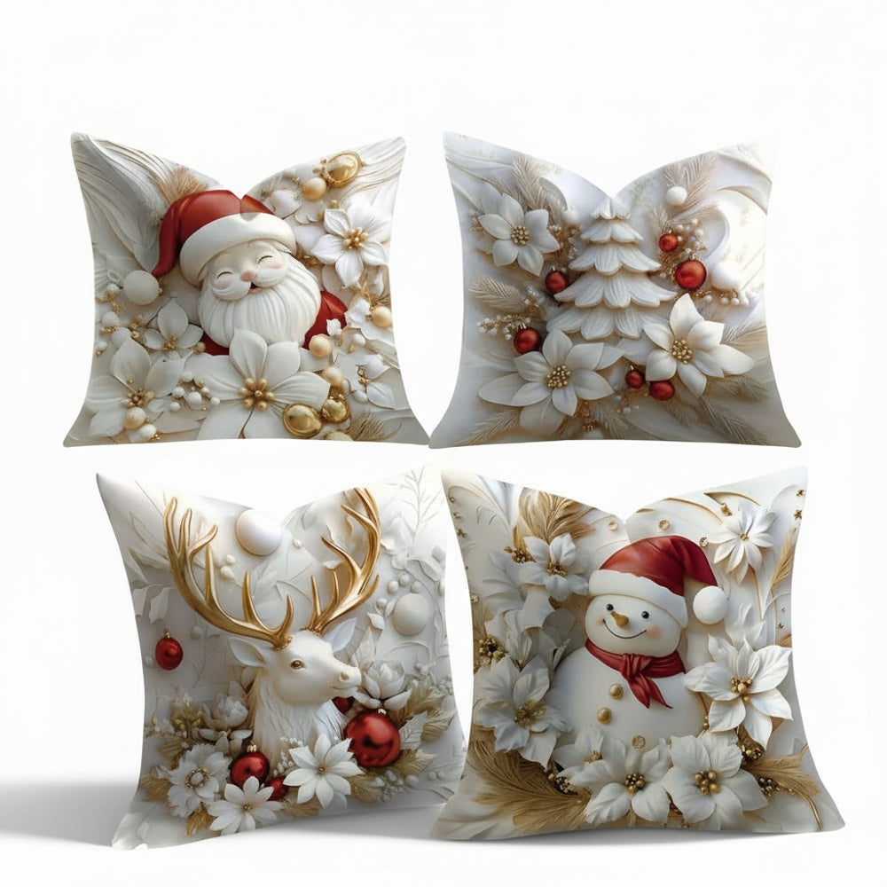 Christmas Cushion Covers Set of 4 with Santa, Snowman, Reindeer and Tree Designs