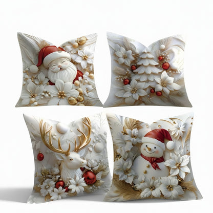 Christmas Cushion Covers Set of 4 with Santa, Snowman, Reindeer and Tree Designs