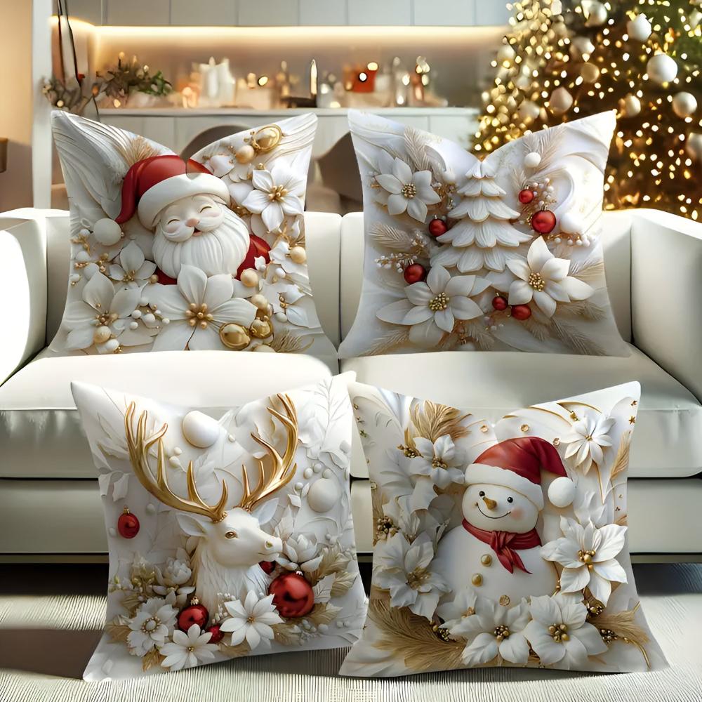 Christmas Cushion Covers Set of 4 with Santa, Snowman, Reindeer and Tree Designs