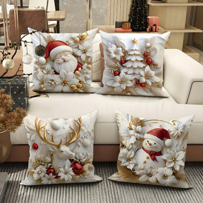 Christmas Cushion Covers Set of 4 with Santa, Snowman, Reindeer and Tree Designs