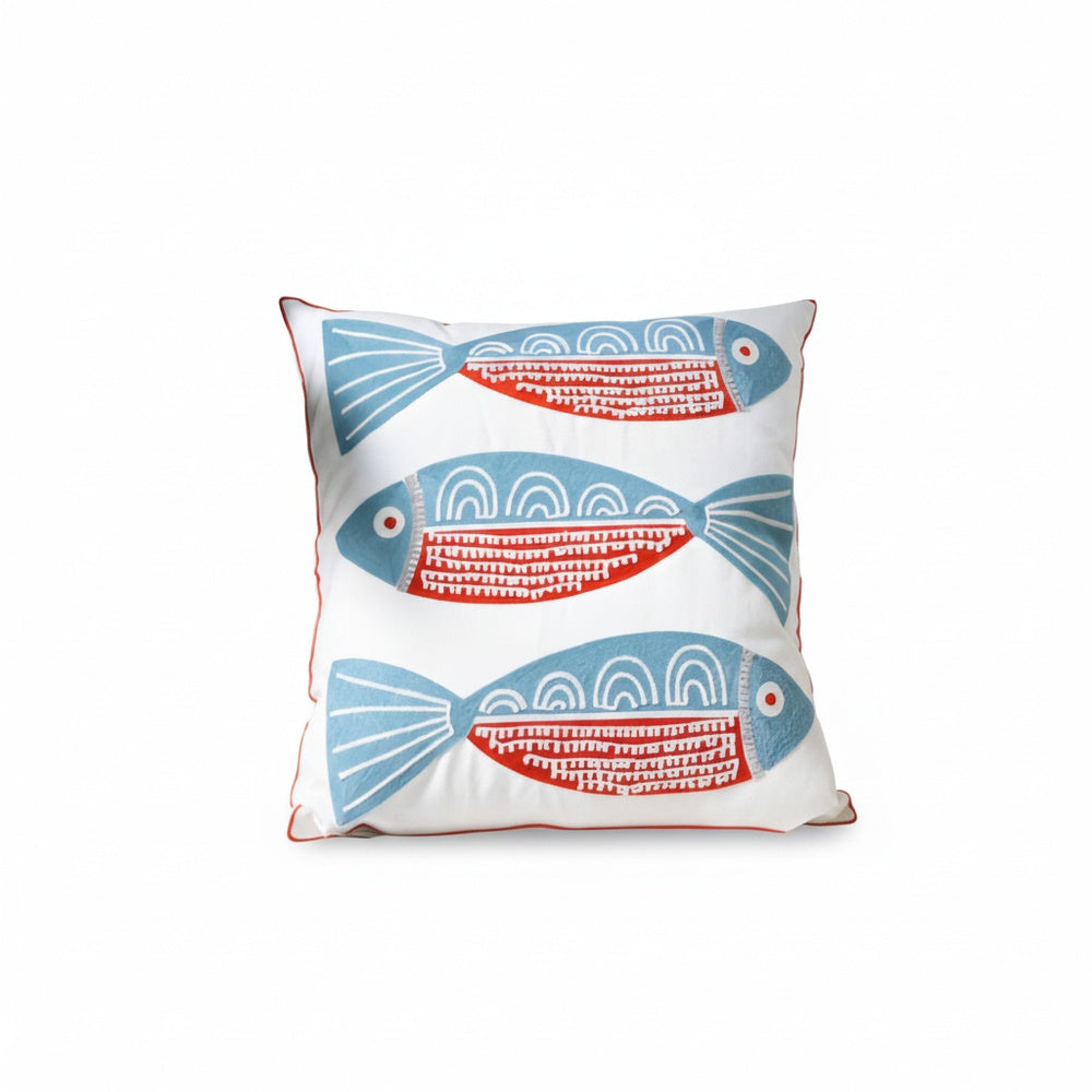 Coastal Cushion Cover with Ocean Embroidery and Zipper Closure