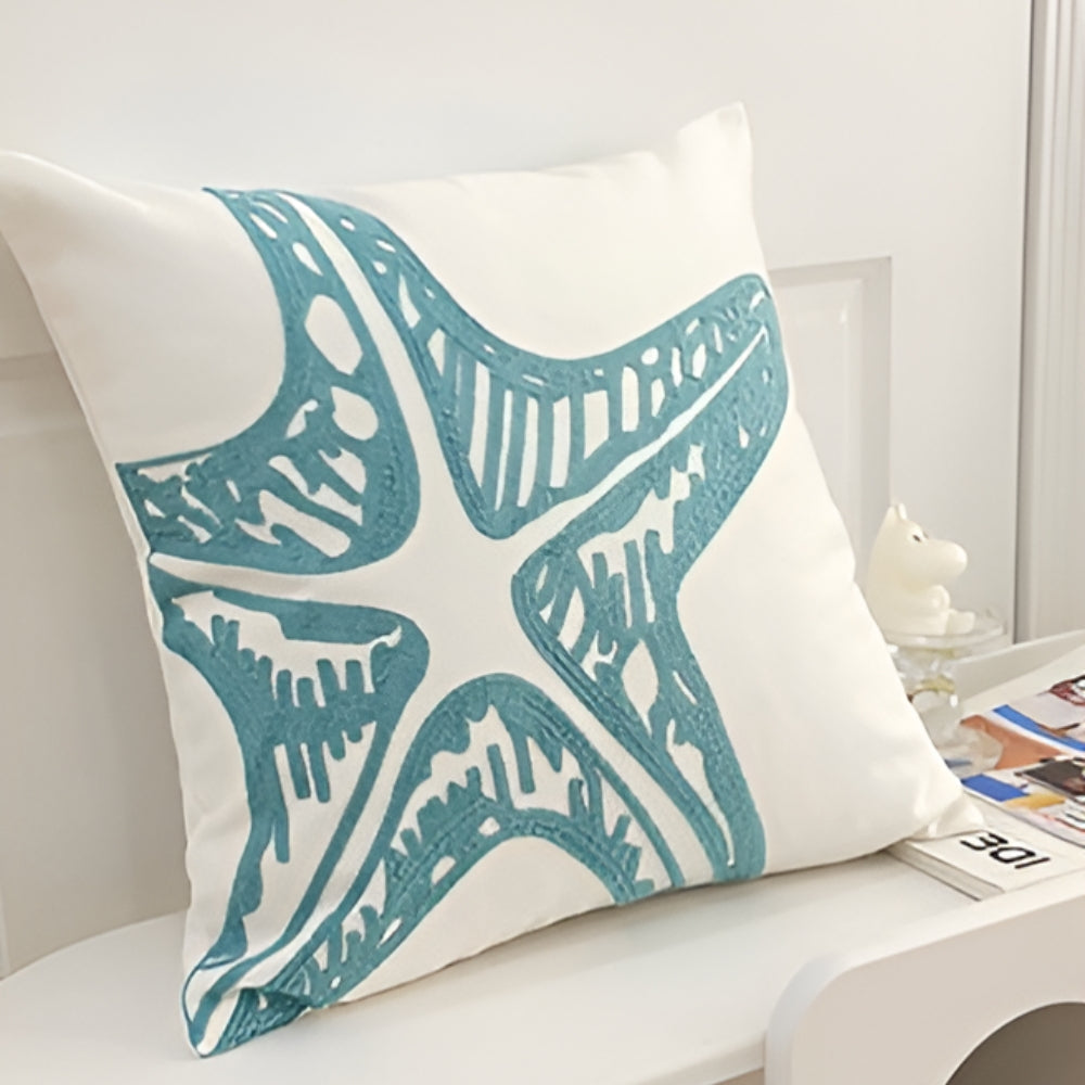 Coastal Cushion Cover with Ocean Embroidery and Zipper Closure