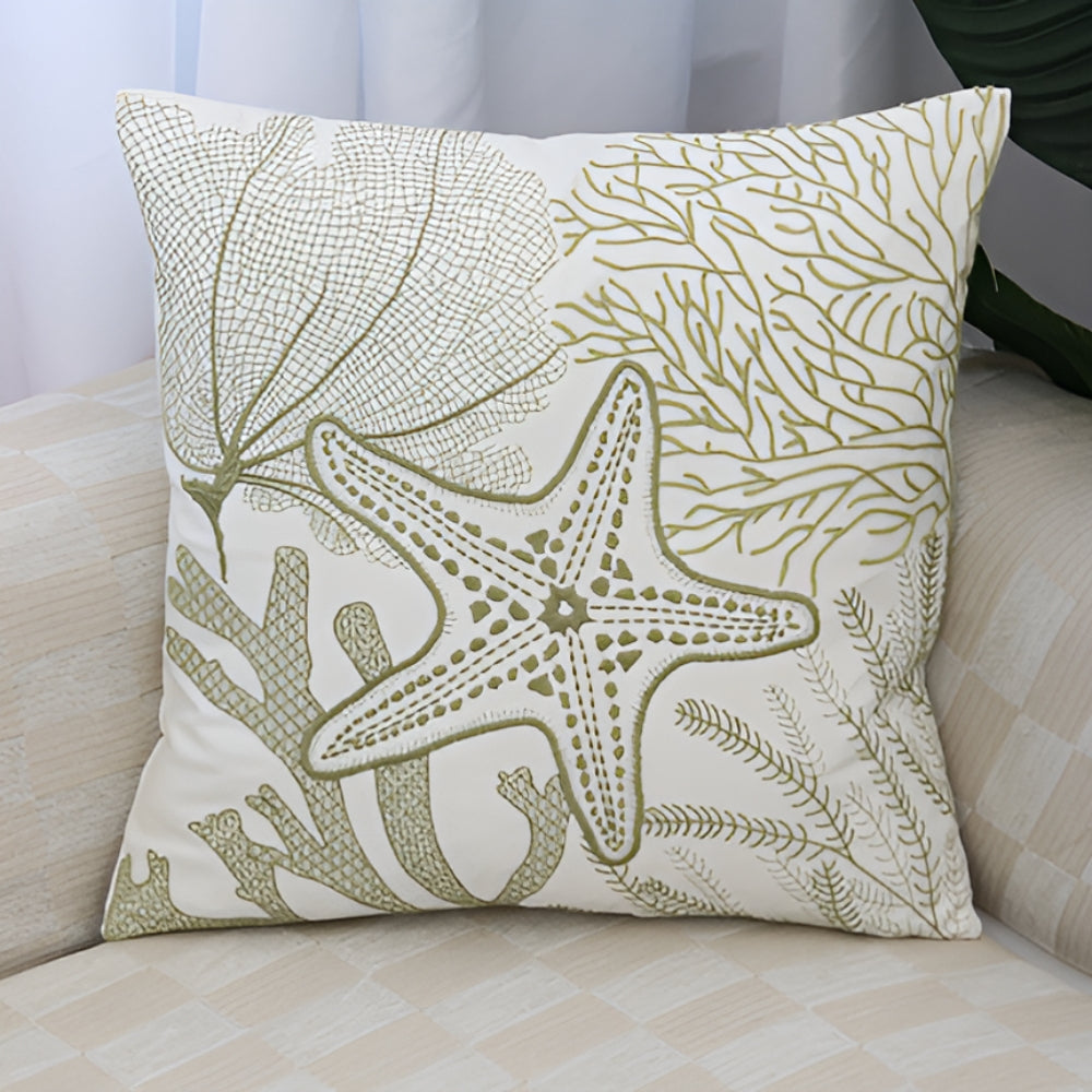 Coastal Cushion Cover with Ocean Embroidery and Zipper Closure