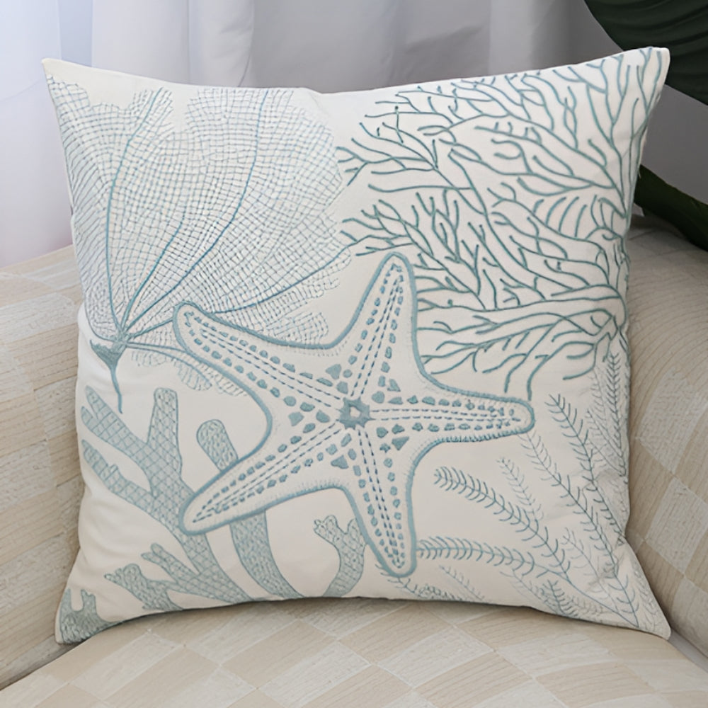 Coastal Cushion Cover with Ocean Embroidery and Zipper Closure