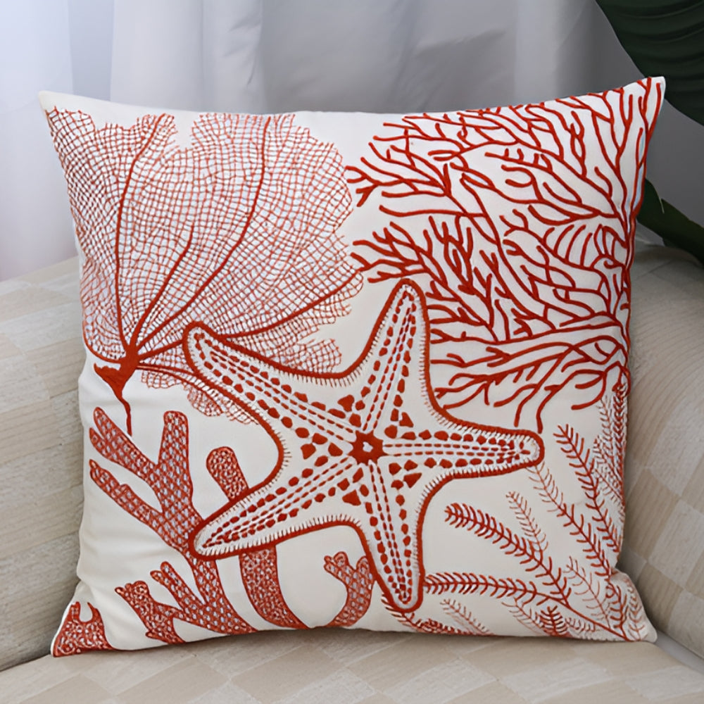 Coastal Cushion Cover with Ocean Embroidery and Zipper Closure