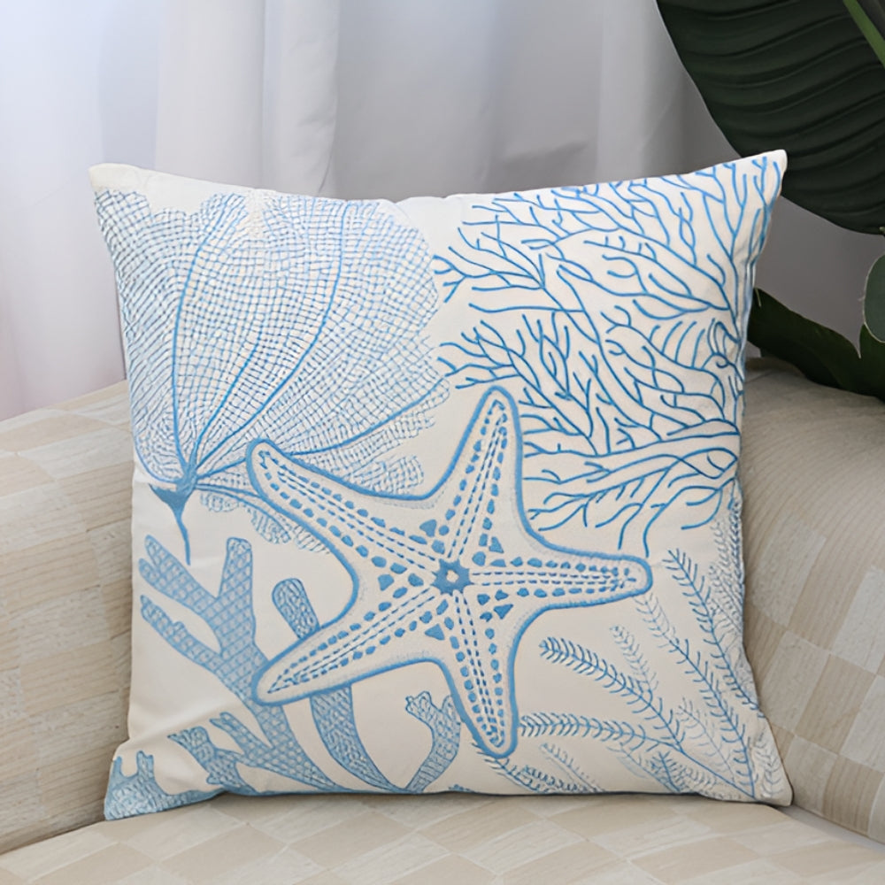 Coastal Cushion Cover with Ocean Embroidery and Zipper Closure