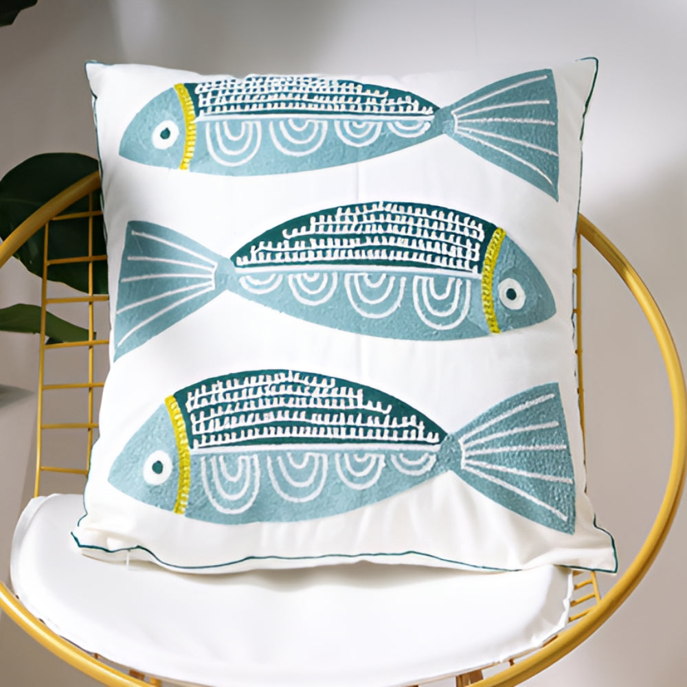 Coastal Cushion Cover with Ocean Embroidery and Zipper Closure