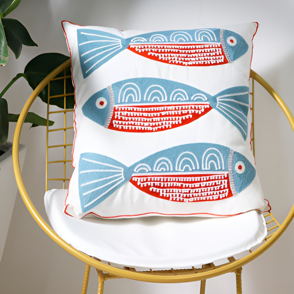 Coastal Cushion Cover with Ocean Embroidery and Zipper Closure