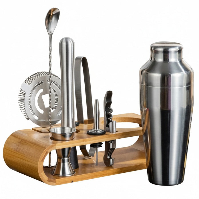 Cocktail Shaker Set with Bamboo Stand and Bar Tools