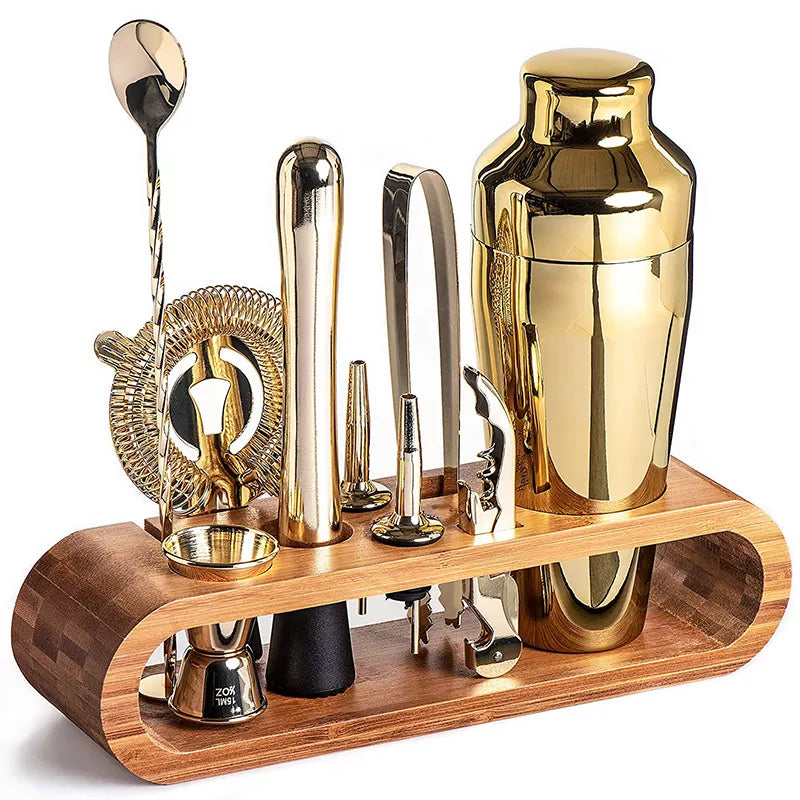 Cocktail Shaker Set with Bamboo Stand and Bar Tools