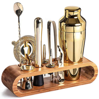 Cocktail Shaker Set with Bamboo Stand and Bar Tools