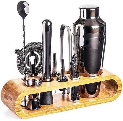 Cocktail Shaker Set with Bamboo Stand and Bar Tools